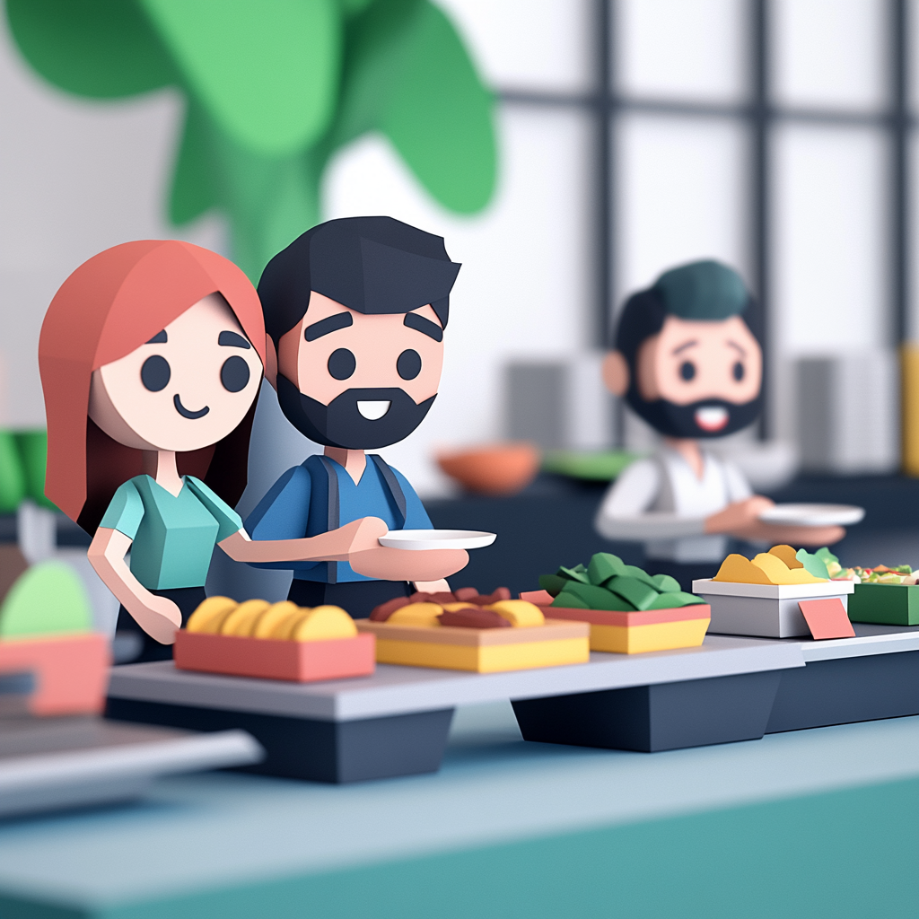 Group of office workers having catered lunch Group of office workers having catered lunch